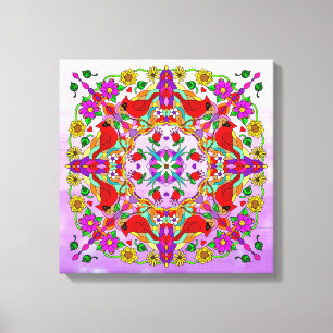 Söt Colorful Cardinals and Flowers Mandala Canvastryck