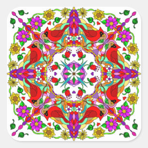 Söt Colorful Cardinals and Flowers Mandala Fyrkantigt Klistermärke