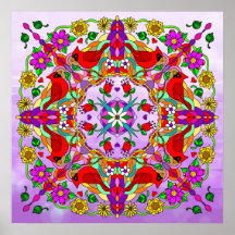 Söt Colorful Cardinals and Flowers Mandala