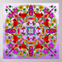Söt Colorful Cardinals and Flowers Mandala Poster