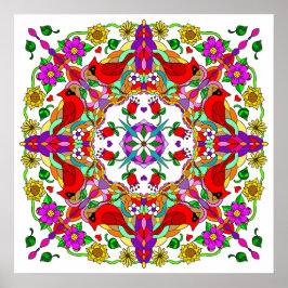 Söt Colorful Cardinals and Flowers Mandala Poster