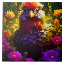 Söt Colorful Chicken in Blomsterträdgård Kakelplatta