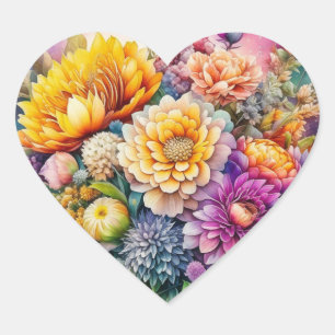 Söt Colorful Watercolor Ai Art Flowers Hjärtformat Klistermärke