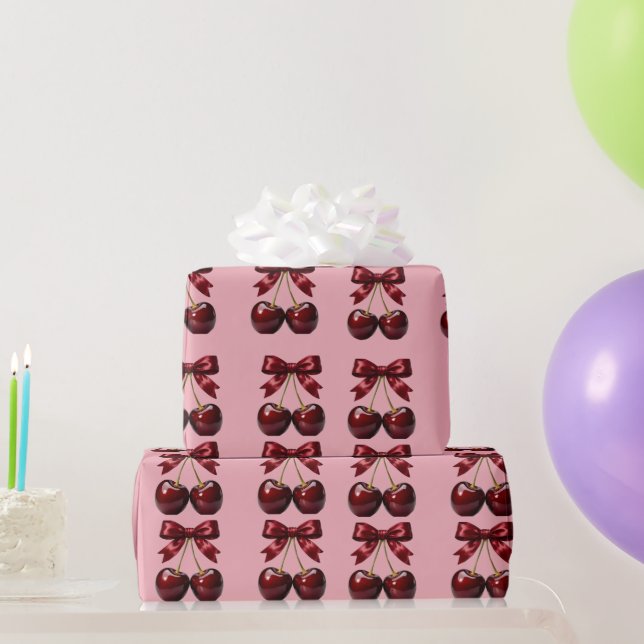 Söt Coquette Körsbär och Röda Slingor Rosa Inpackn Presentpapper (Festgåvor)