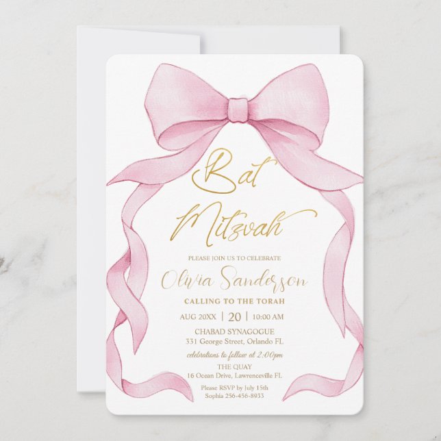 Söt Coquette Rosa Bandbågar Bat Mitzvah Inbjudningar (Framsida)