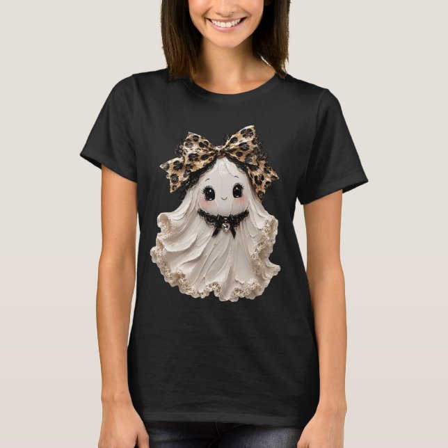 Söt Coquette Spök Halloween Leopard rosett T Shirt (Framsida)