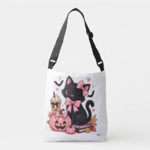 Söt Coquette Svart Katt Halloween med Rosa Slingor