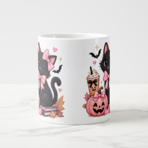 Söt Coquette Svart Katt Halloween med Rosa Slingor Jumbo Mugg