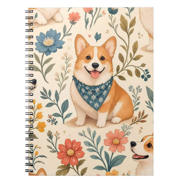 Söt Corgi Blommig Trädgårdsmönster Anteckningsbok (Framsidan)