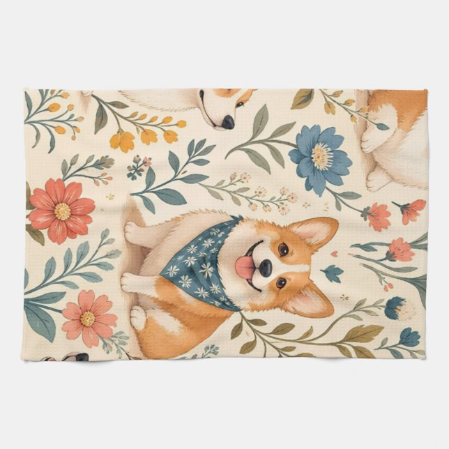 Söt Corgi Blommig Trädgårdsmönster Kökshandduk (Horisontell)