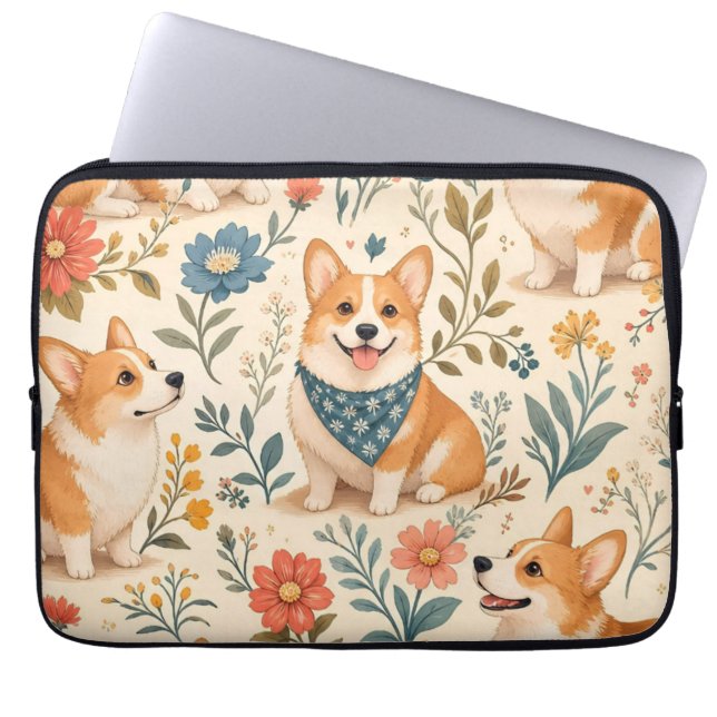 Söt Corgi Blommig Trädgårdsmönster Laptop Fodral (Framsidan)
