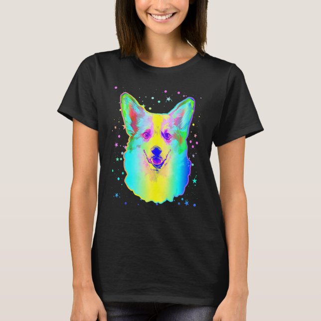 Söt Corgi Hund Ansikte Regnbåge Svart Rymd T Shirt (Framsida)