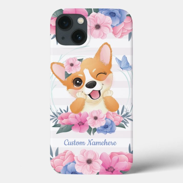 Söt Corgi Hund Blomma Krans Blå Fjäril Anpassad (Baksida)