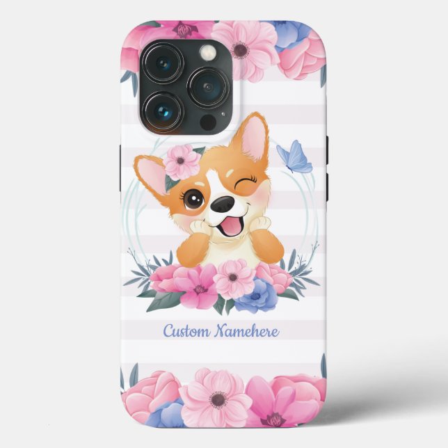 Söt Corgi Hund Blomma Krans Blå Fjäril Anpassad (Baksida )