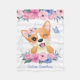 Söt Corgi Hund Blomma Krans Blå Fjäril Anpassad Fleecefilt