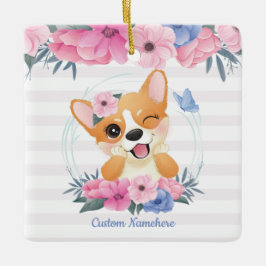 Söt Corgi Hund Blomma Krans Blå Fjäril Anpassad Julgransprydnad Keramik