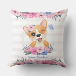 Söt Corgi Hund Blomma Krans Blå Fjäril Anpassad Kudde