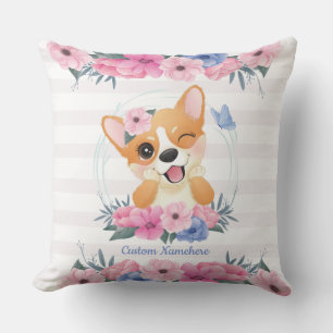Söt Corgi Hund Blomma Krans Blå Fjäril Anpassad Kudde