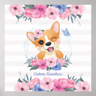 Söt Corgi Hund Blomma Krans Blå Fjäril Anpassad Poster