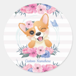 Söt Corgi Hund Blomsterkrans Blå Fjäril Anpassad Runt Klistermärke
