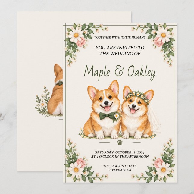 Söt Corgi Hund Bröllopsinbjudan Blommig Rustik Inbjudningar (Fram/baksida)