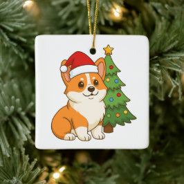 Söt Corgi Hund i en Röd Hatt med Julgran Julgransprydnad Keramik