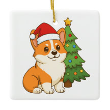 Söt Corgi Hund i en Röd Hatt med Julgran