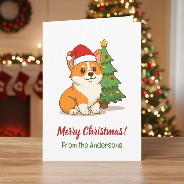 Söt Corgi Hund i en Röd Hatt med Julgran Kort (Skapare uppladdad)