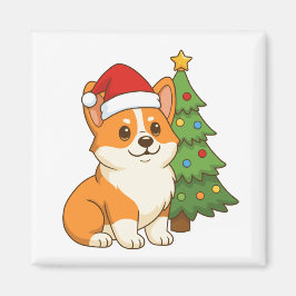 Söt Corgi Hund i en Röd Hatt med Julgran Magnet