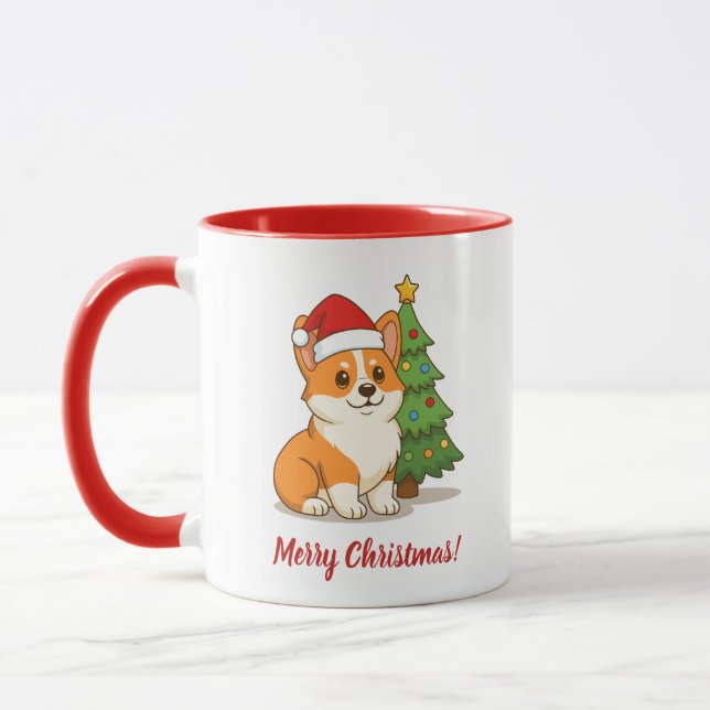 Söt Corgi Hund i en Röd Hatt med Julgran Mugg (Vänster)