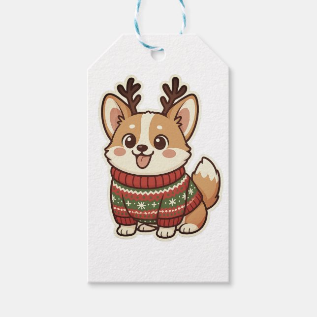 Söt Corgi Hund i Fult Jultröja Presentationspapper Presentetikett (Framsidan)