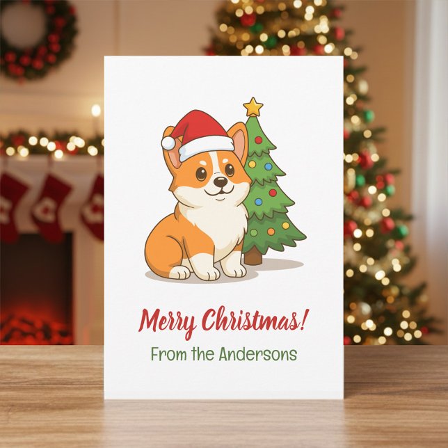 Söt Corgi-hund i röd hatt med julgran Julkort (Skapare uppladdad)