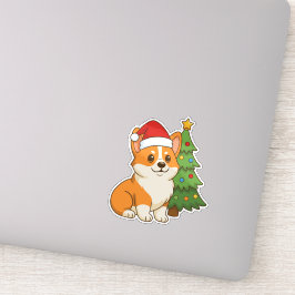 Söt Corgi Hund i Röd Hatt med Julgran Klistermärken