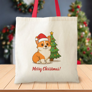 Söt Corgi Hund i Röd Hatt med Julgran Tygkasse