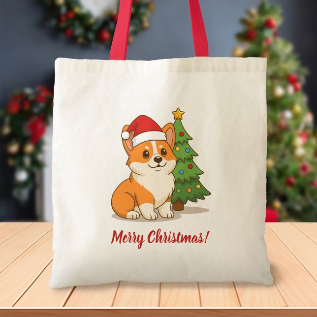 Söt Corgi Hund i Röd Hatt med Julgran Tygkasse (Skapare uppladdad)