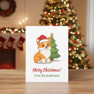 Söt Corgi Hund i Röd Hatt med Julgran Vykort