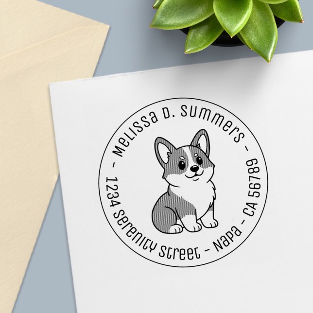 Söt Corgi Hund Rund Adress Självfärgande Stämpel (Skapare uppladdad)