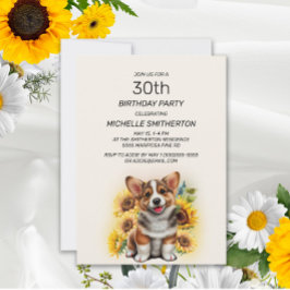 Söt Corgi Hund Solrosor 30-årsdag Inbjudningar