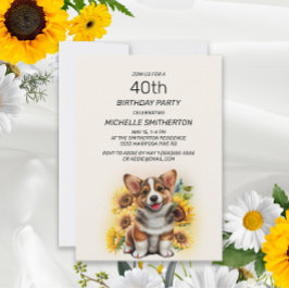 Söt Corgi Hund Solrosor 40-årsdag Inbjudningar