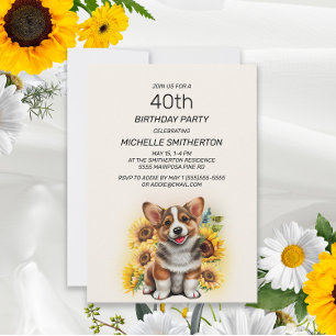 Söt Corgi Hund Solrosor 40-årsdag Inbjudningar