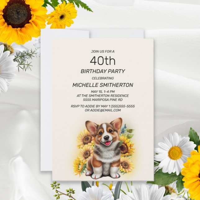 Söt Corgi Hund Solrosor 40-årsdag Inbjudningar (Skapare uppladdad)