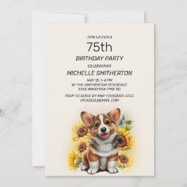 Söt Corgi Hund Solrosor 75-årsdag Inbjudningar