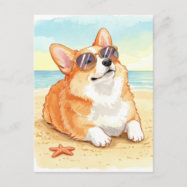 Söt Corgi i solglasögon på stranden vykort (Framsida)