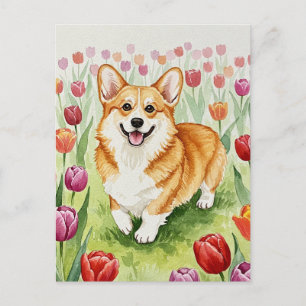 Söt Corgi i Tulpaner Postkort Vykort