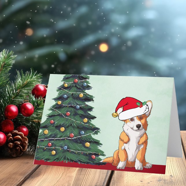 Söt Corgi julgran hund med svans tomtehatt Helgkort (Skapare uppladdad)