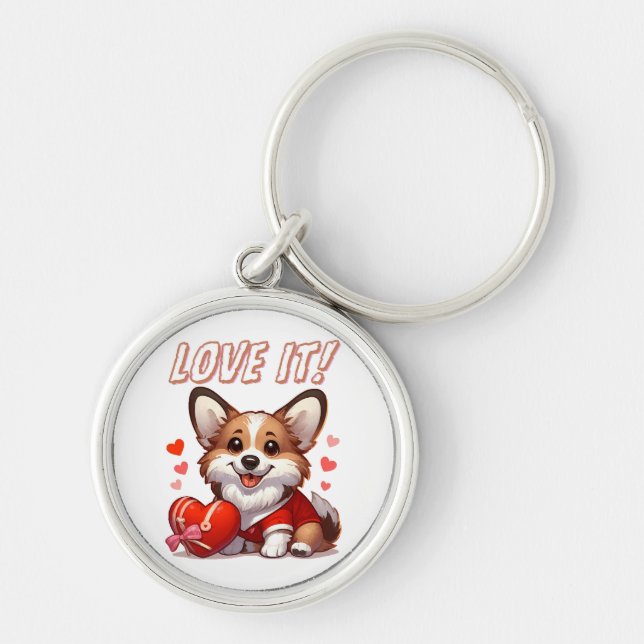 Söt Corgi Kärlek Rund Silverfärgad Nyckelring (Framsidan)
