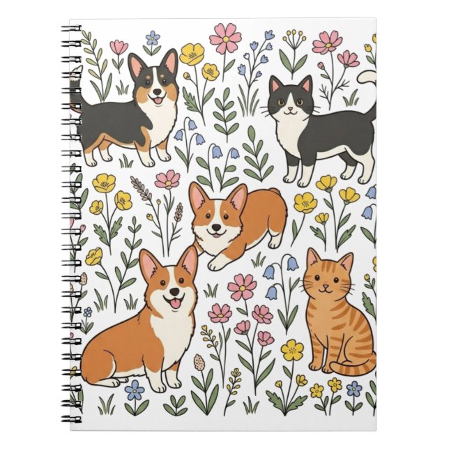 Söt Corgi Katt Vildblomma Anteckningsbok (Framsidan)