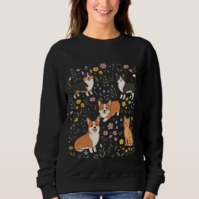 Söt Corgi Katt Vildblomma  T Shirt (Framsida)