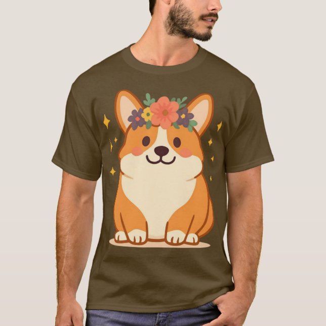 Söt Corgi med blomkrona  T Shirt (Framsida)
