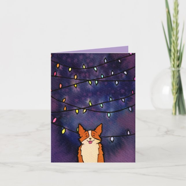 Söt Corgi Med Festliga Ljus Vattenfärg Helgkort (Framsida)